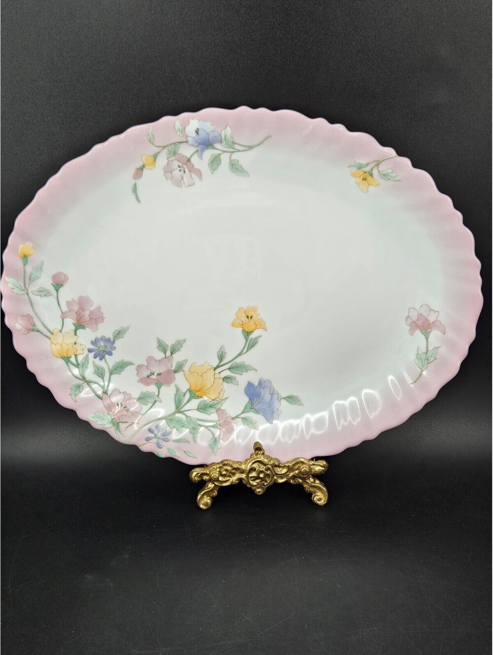 Vintage Arcopal France Elise Oval Serving Platter Pink Ombre Rim Floral 13"